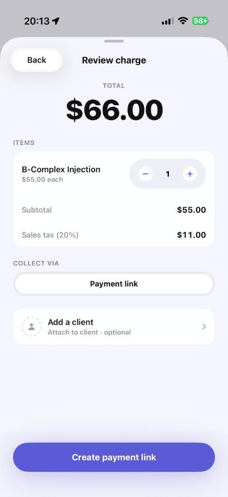 Plus review charge screen with line items and payment link