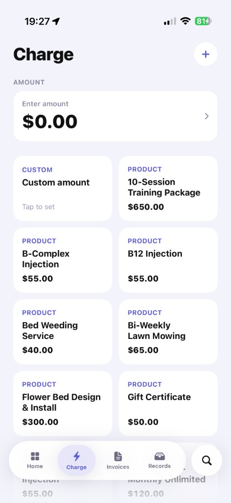 Plus Charge screen with the things you sell