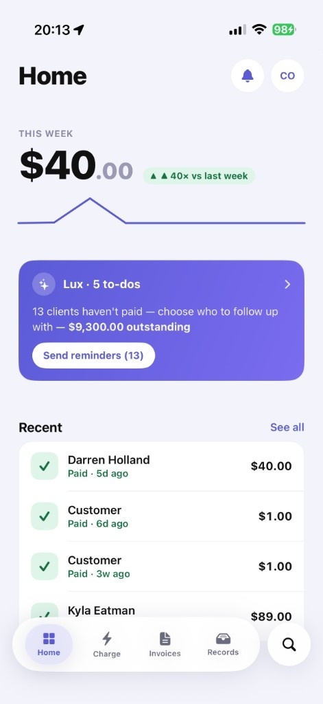 Plus home screen showing weekly revenue and Lux to-dos