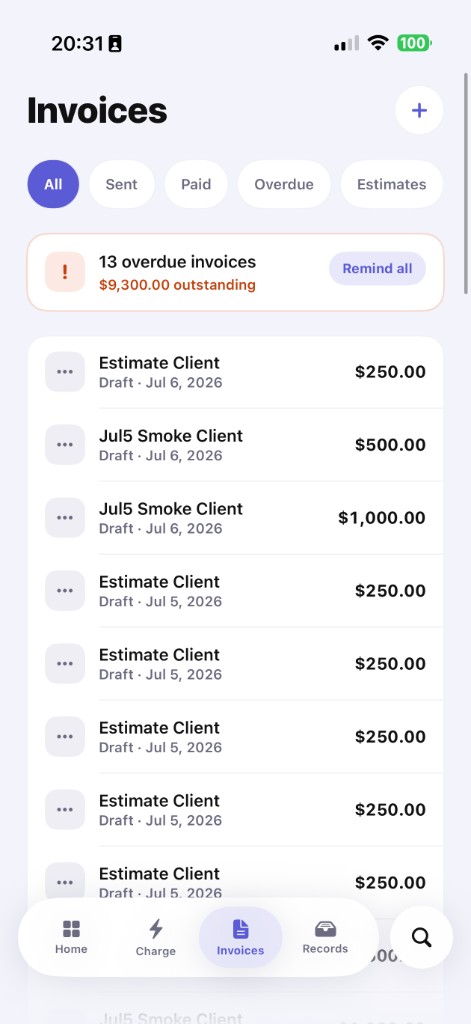 Plus invoices with overdue banner and remind-all action