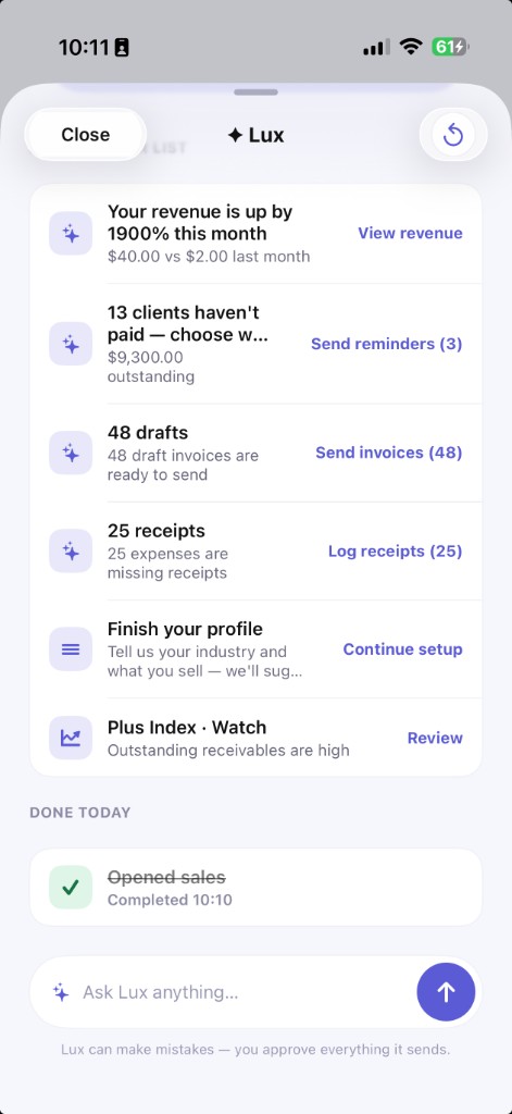 Lux inbox with revenue insights, to-dos, done today, and Ask Lux